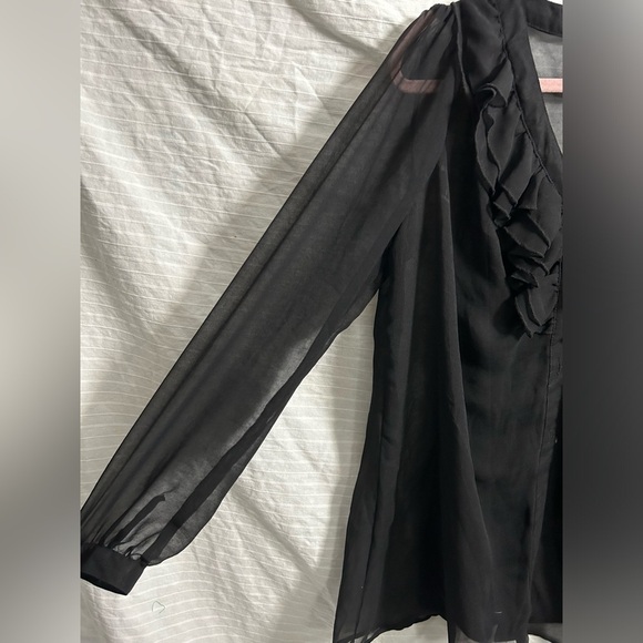 Covington Women’s Pullover Blouse Black Ruffle Front Sheer Long Sleeve Size L - Picture 2 of 6